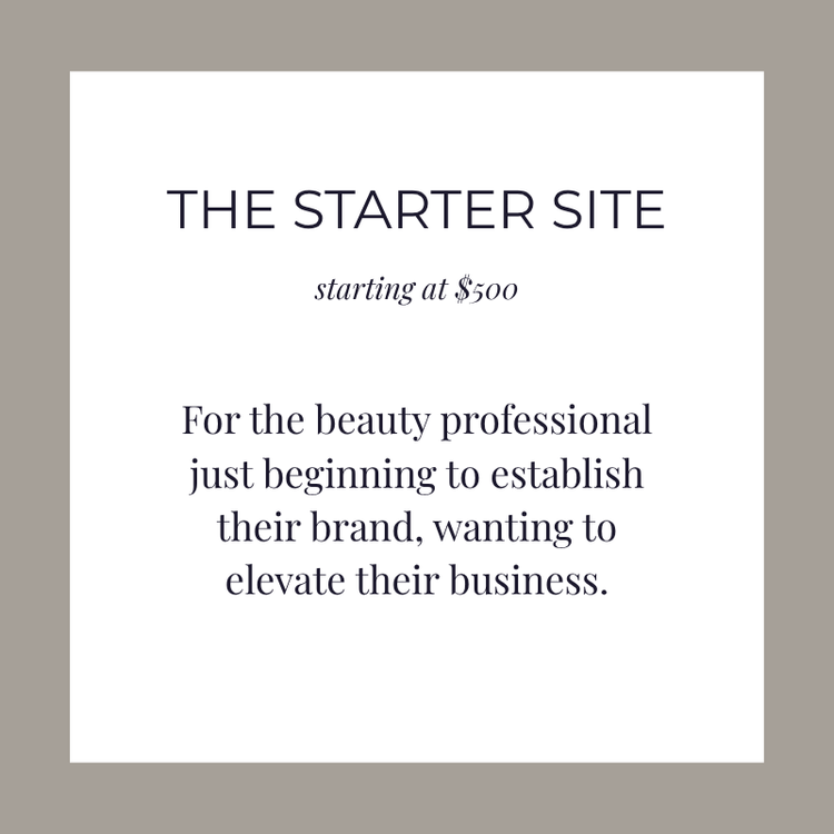 Text on gray background advertising a starting price of $500 for a beauty business starter site, aimed at professional beauty entrepreneurs.