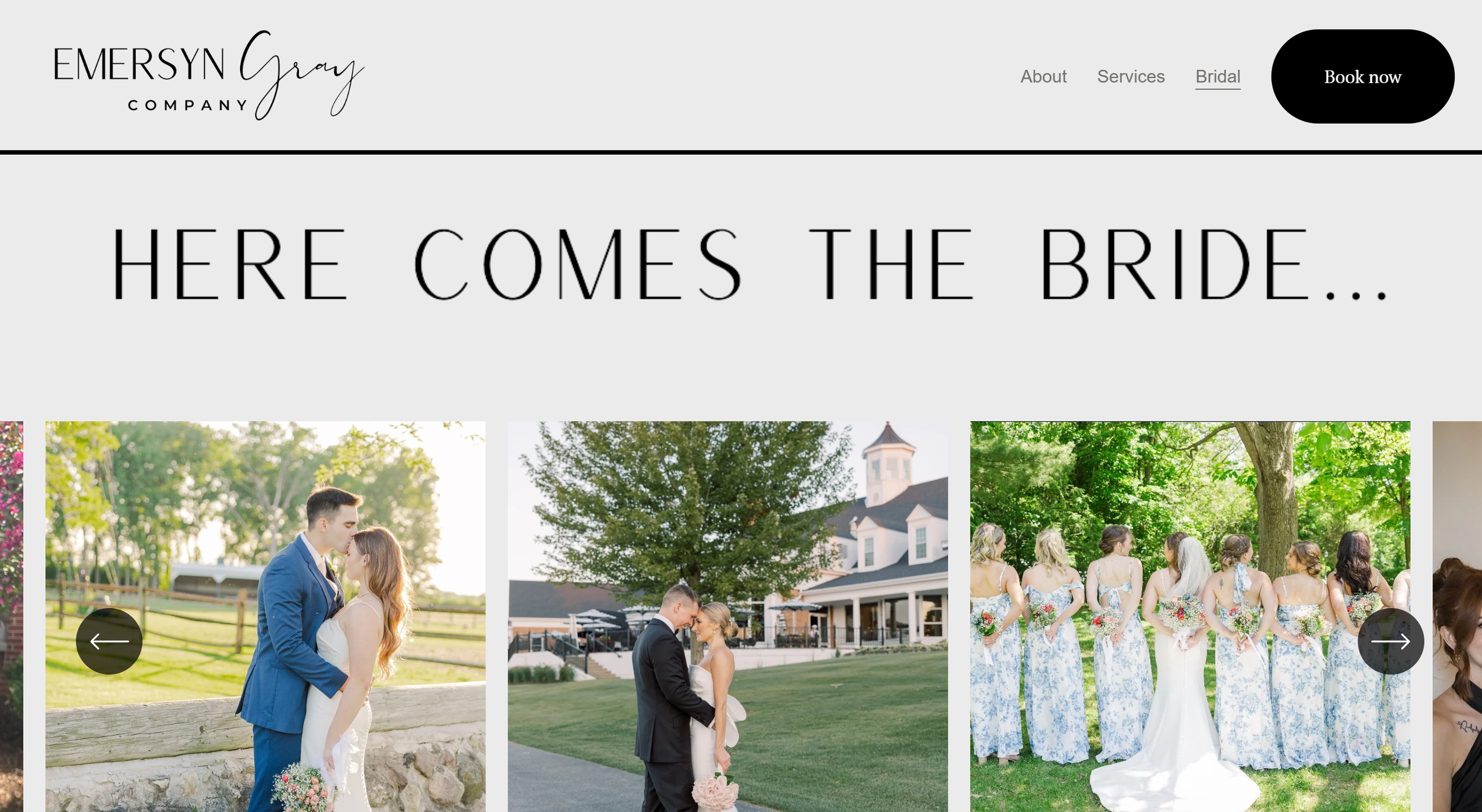 Wedding website homepage for Emersyn Gray Company featuring images of a bride, groom, and bridesmaids at an outdoor wedding.