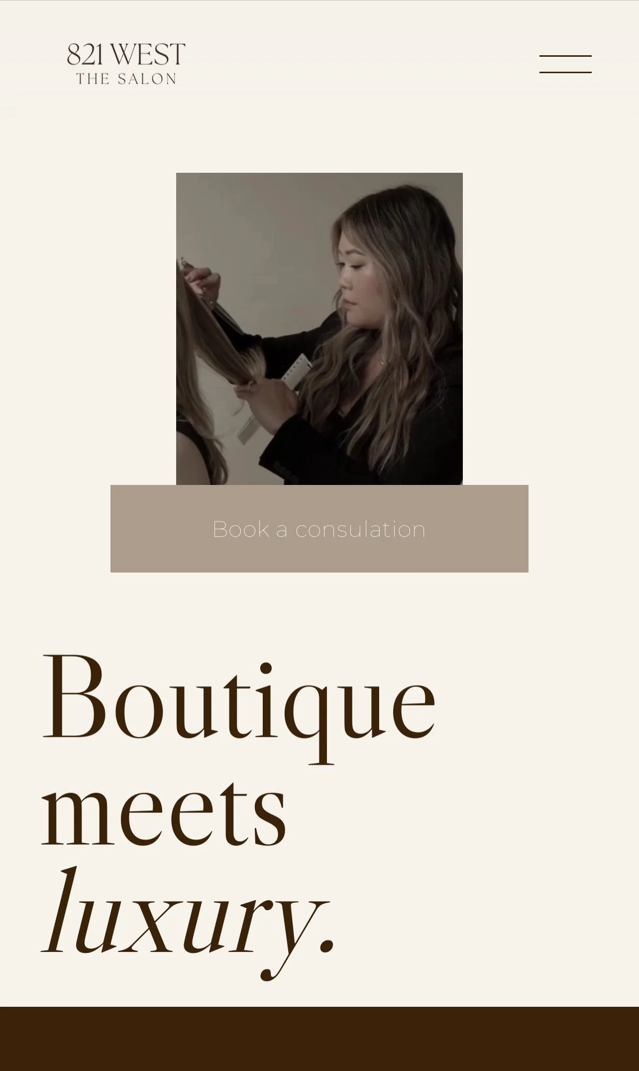 A website for '821 West The Salon' with a photo of a woman in a black blazer holding hair samples, and text that says 'Book a consultation.' The page has a beige background with black and light brown text.