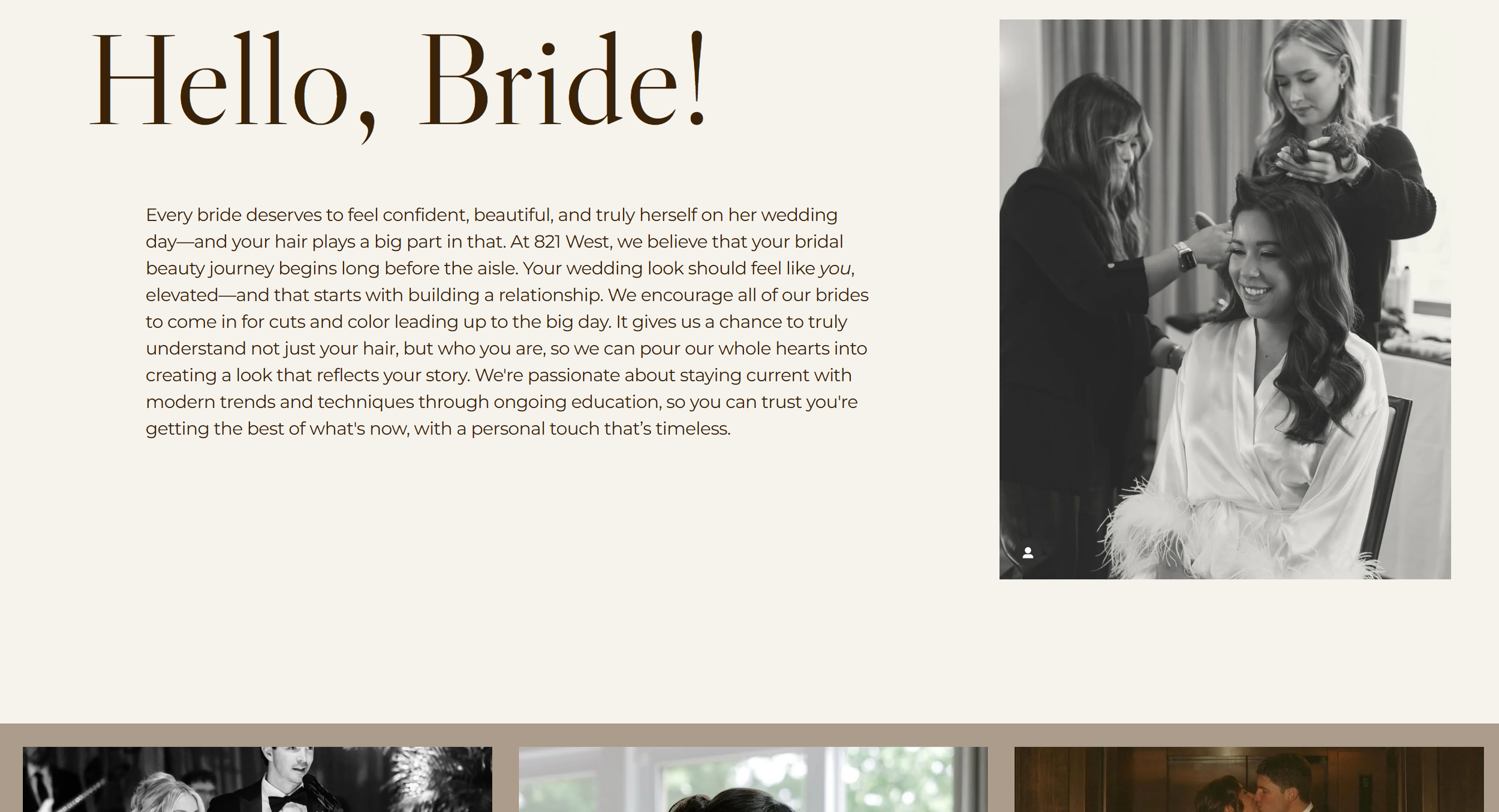 Black and white photo of a bride getting her hair styled by two women, one standing behind her and the other adjusting her hair, in a bridal preparation setting.