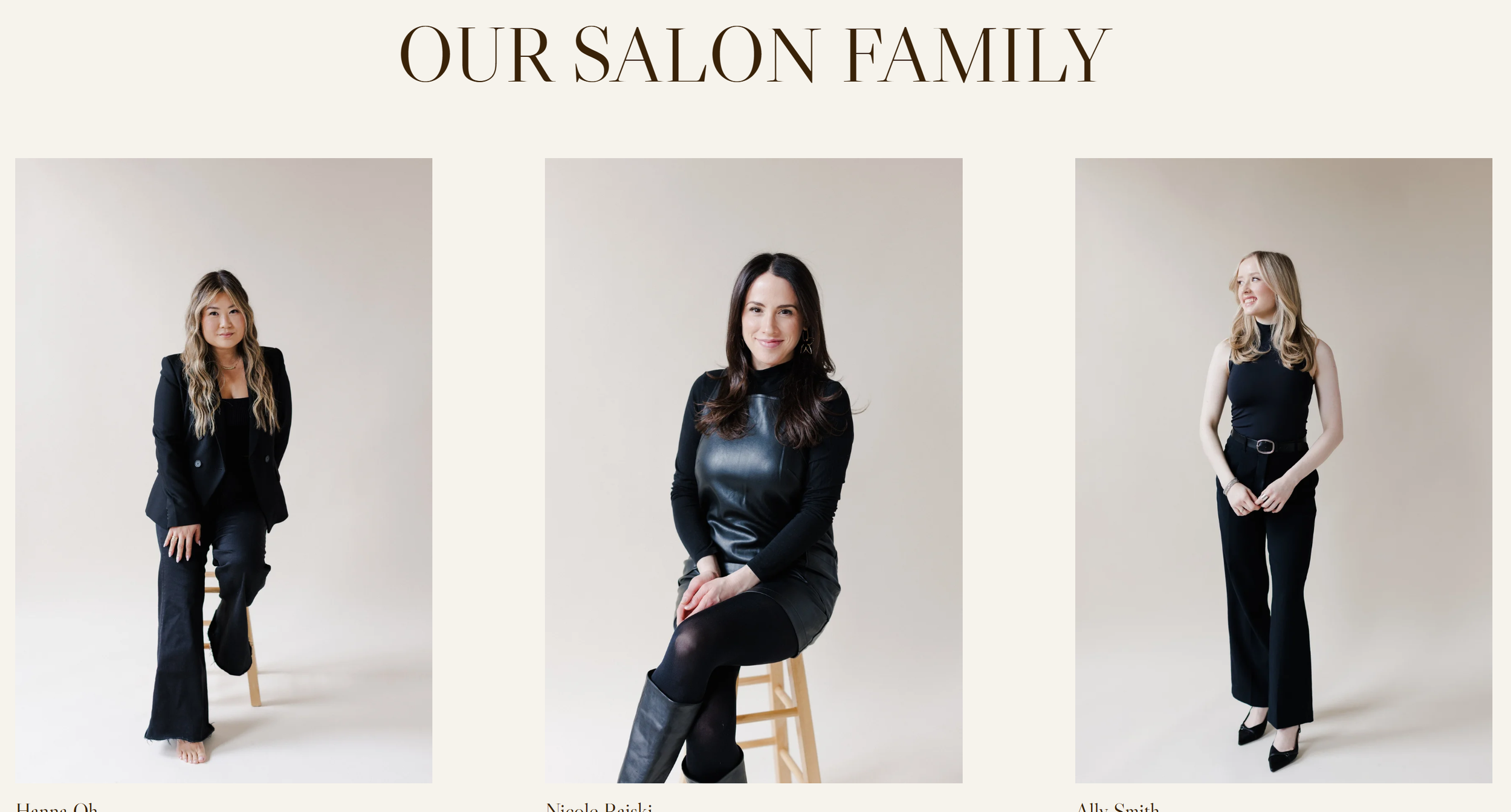 Three women in black outfits posing against a light beige background, titled 'Our Salon Family'.