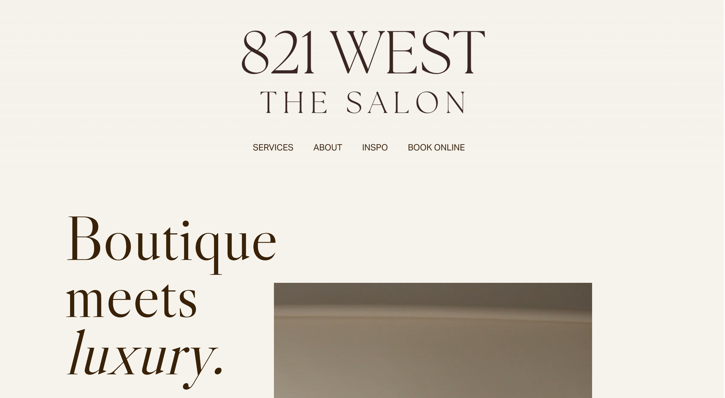 Screenshot of a website for a salon named 821 West The Salon, with a navigation menu including Services, About, Inspo, Book Online, and a large text that reads 'Boutique meets luxury.'