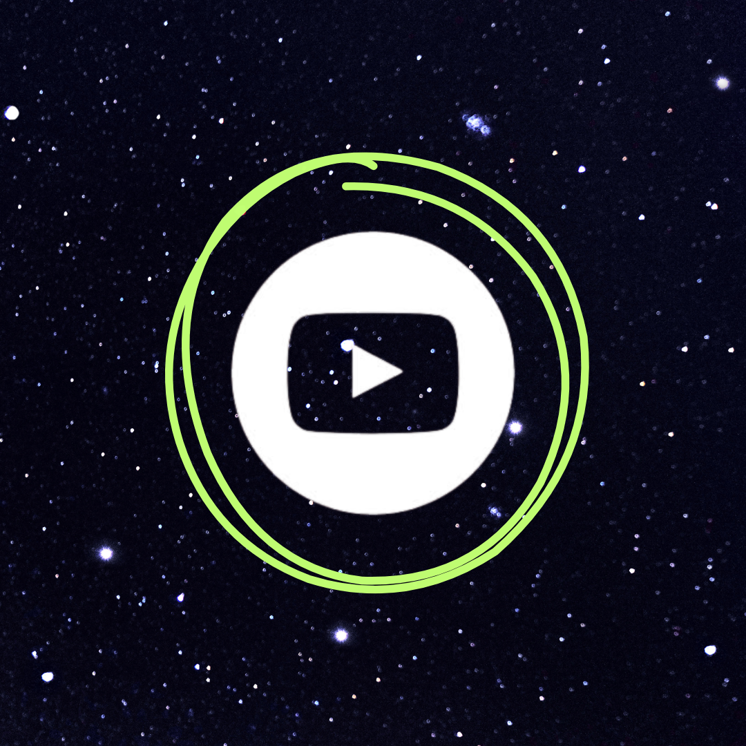 Starry night sky with a YouTube play button icon in the center surrounded by green circles.