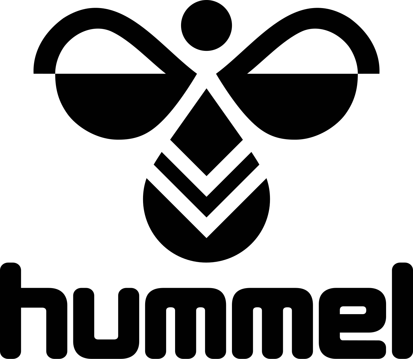 El logo de hummel, con el emblemático abejorro negro sobre fondo blanco y texto en minúsculas en la parte inferior.