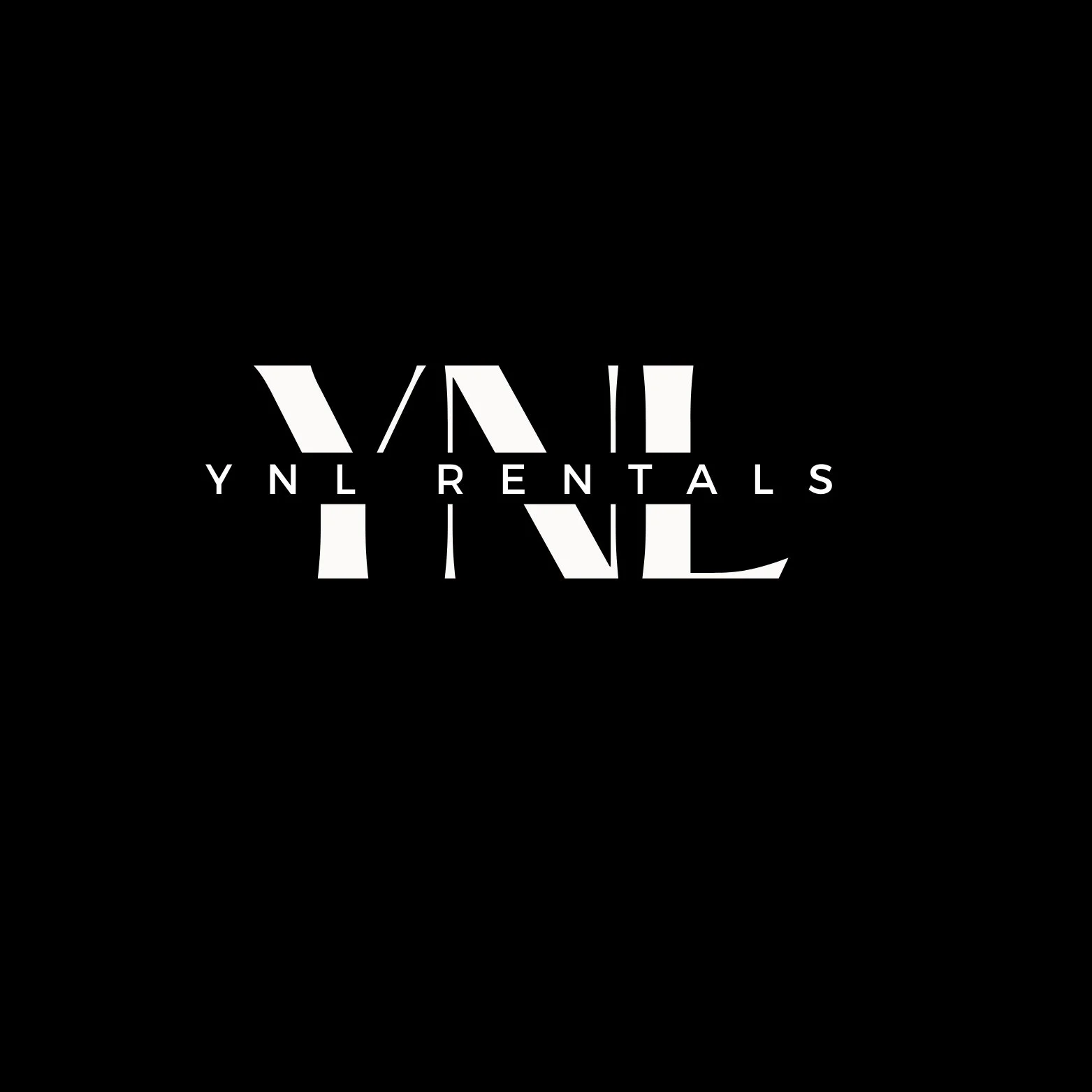 Black background with a stylized, distorted white logo that reads 'YNL RENTALS' in the center.