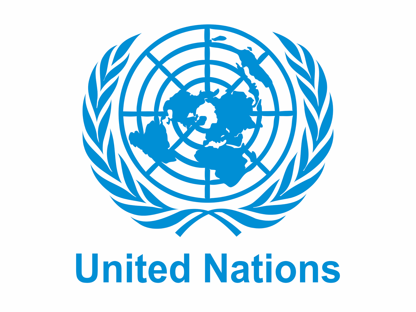 United Nations logo featuring a world map surrounded by olive branches, with the words 'United Nations' underneath.