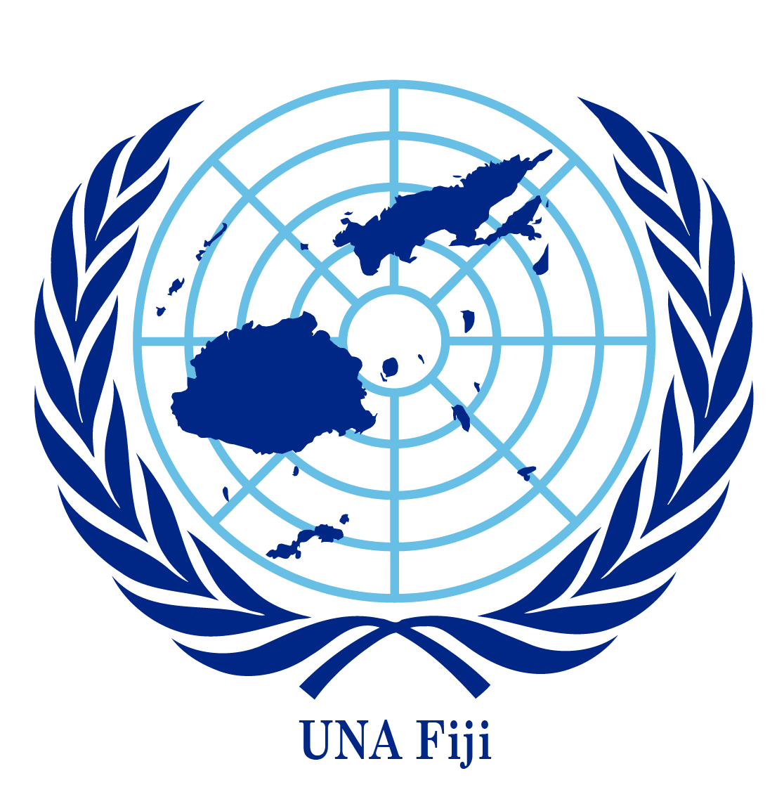 The emblem of the United Nations Fiji, featuring a blue map of Fiji and other Pacific Islands on a circular world map with latitude and longitude lines, surrounded by laurel branches.