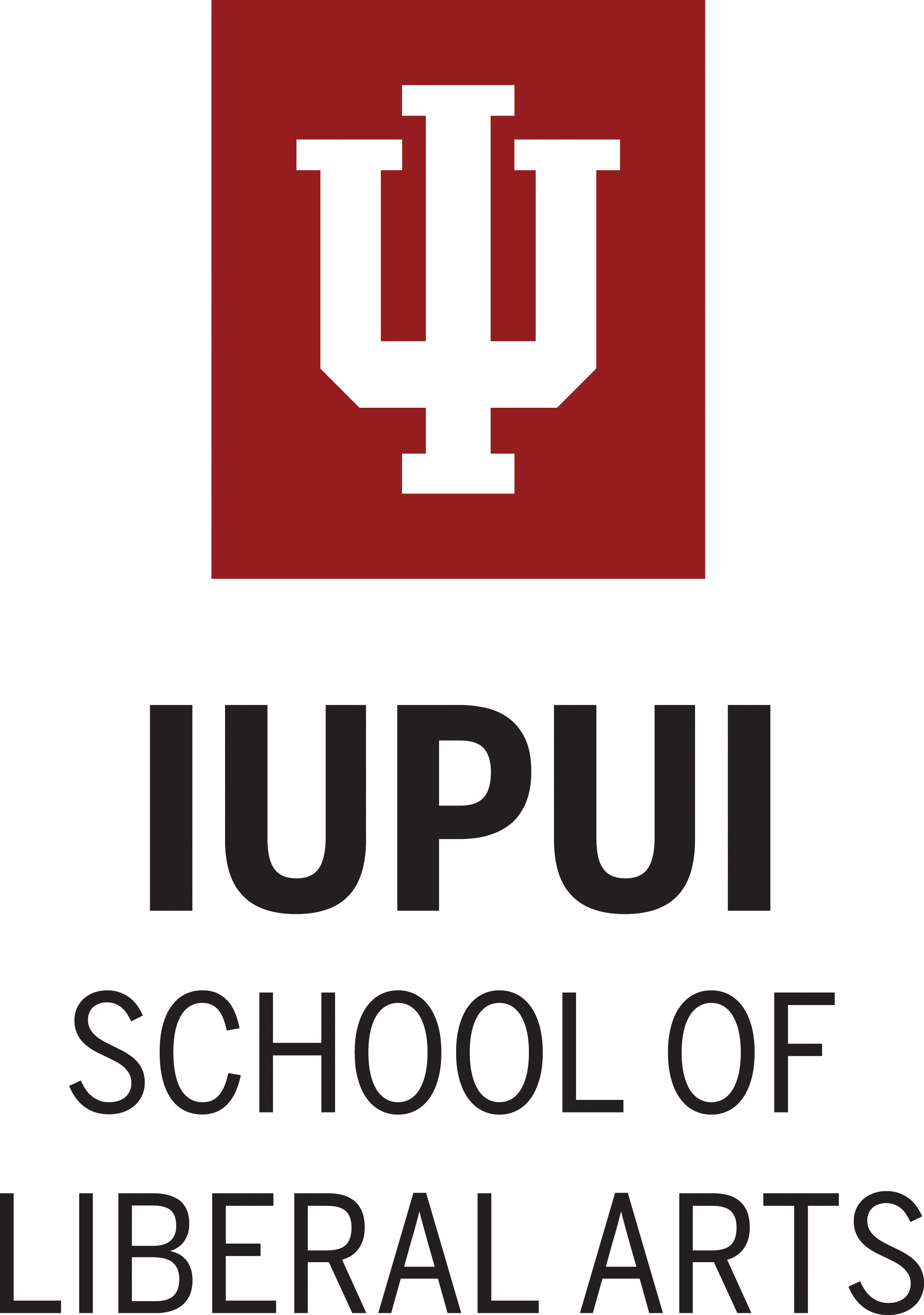 The Indiana University logo with a stylized IU emblem in white on a red background positioned above black text reading "IUPUI SCHOOL OF LIBERAL ARTS."