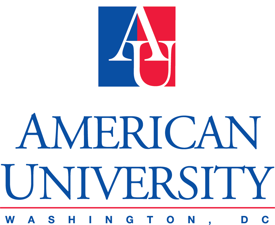 Logo of American University with red, white, and blue design and text 'American University' and 'Washington, DC'.