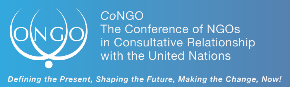 Blue conference banner for CoNGO, the Conference of NGOs in consultative relationship with the United Nations, featuring the CoNGO logo and the slogan 'Defining the Present, Shaping the Future, Making the Change, Now!'