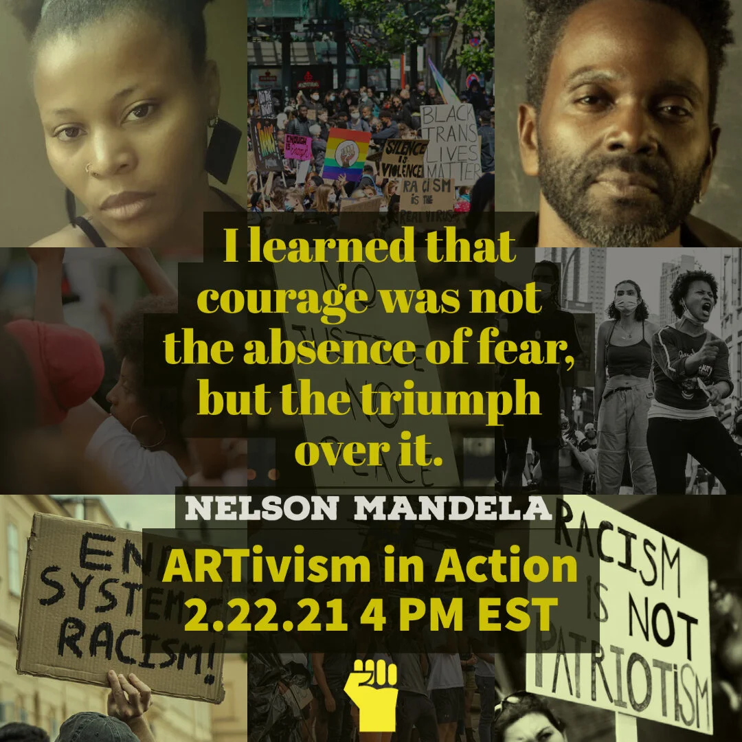 A collage of images from a protest or march advocating for social justice, featuring diverse people holding signs that say 'Black Trans Lives Matter,' 'Racism is the real pandemic,' and other messages. The central overlay text quotes Nelson Mandela a