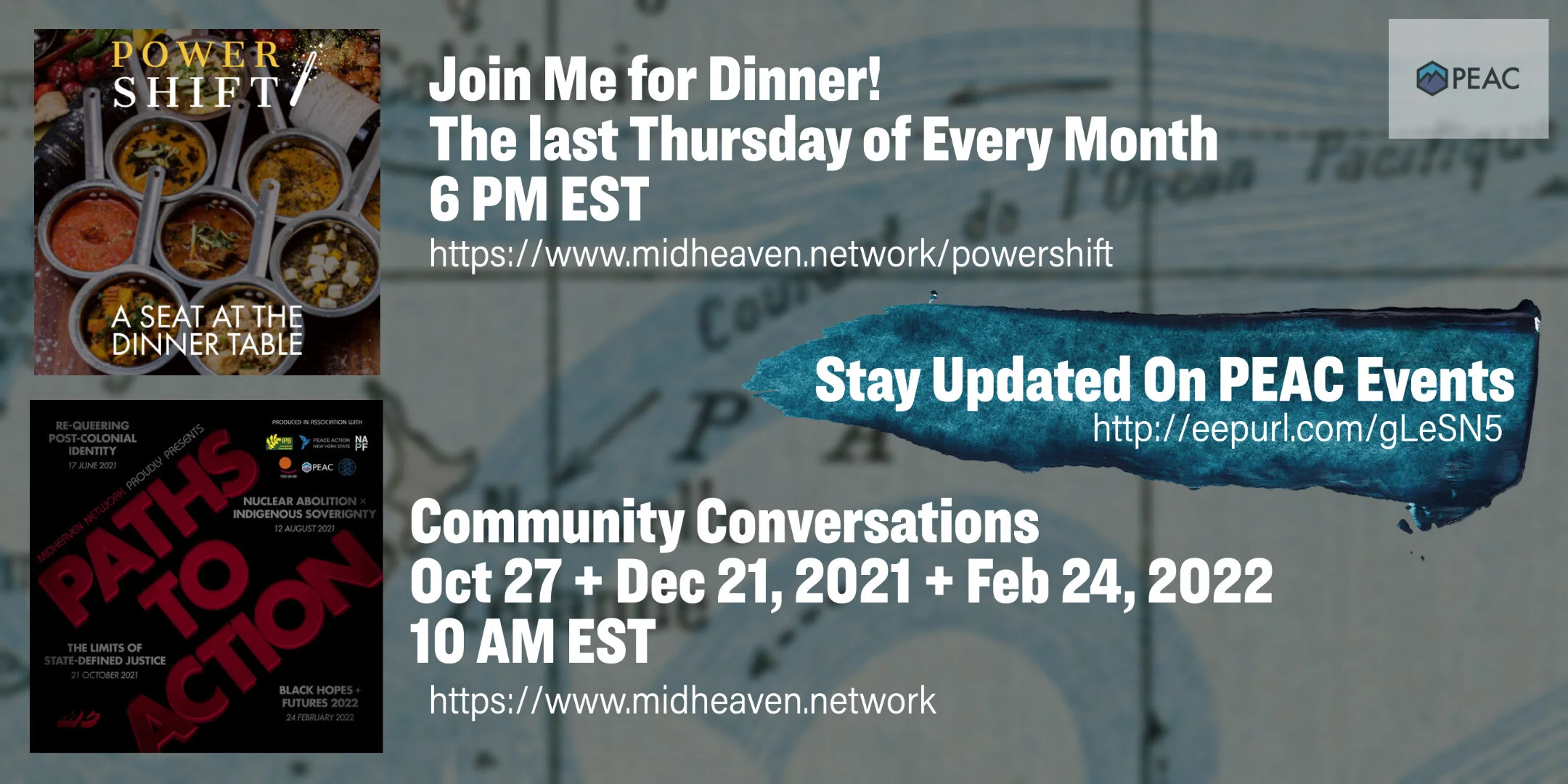 Digital graphic with event information about community discussions and dinner meetings. It features an image of eight bowls of diverse soup or stew on a plate and a poster for an event titled 'Path to Action' about post-colonial identity, nuclear abo