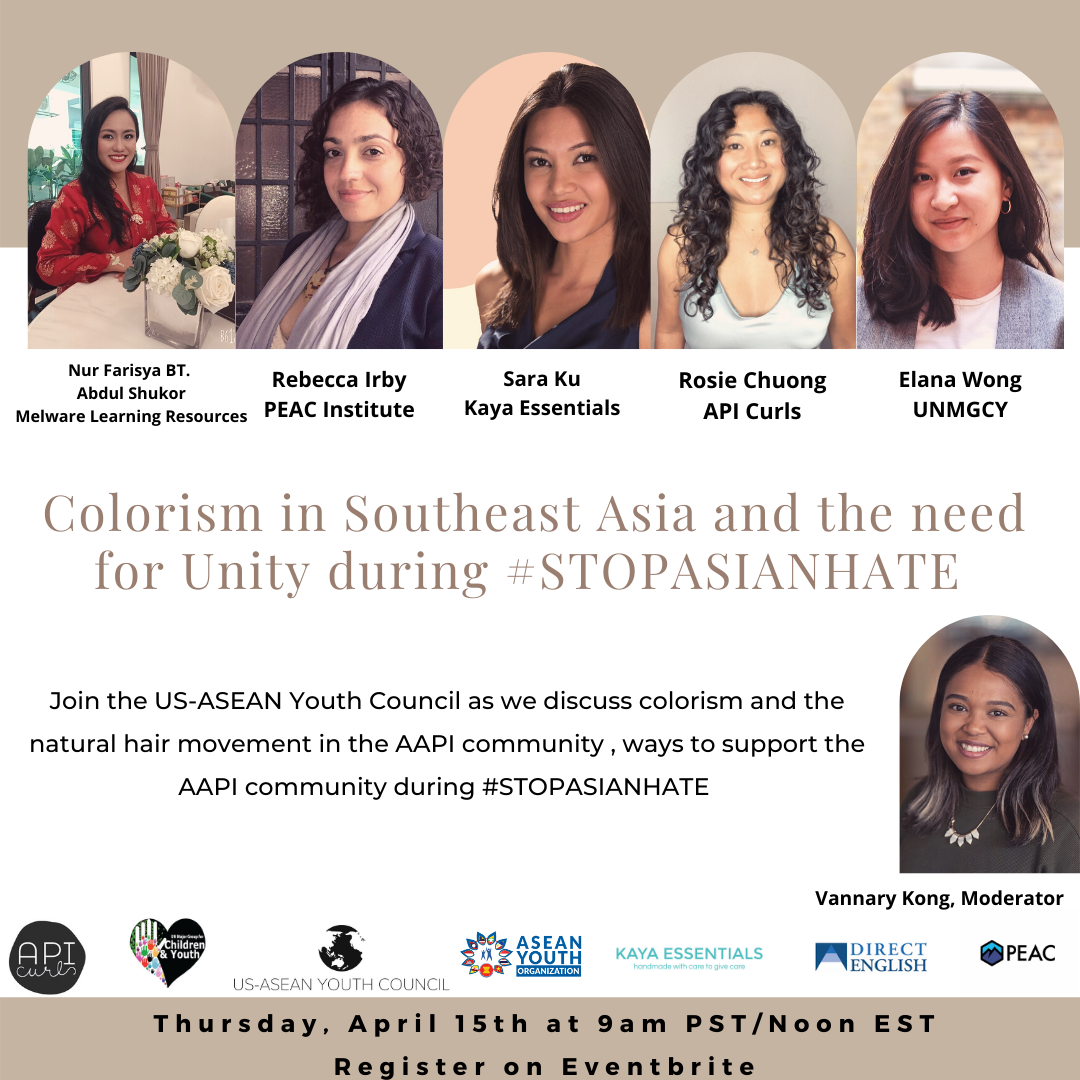 Group photo of five women and one smaller portrait of a woman on the right, with text about a virtual event discussing colorism and unity in Southeast Asia, scheduled for April 15th.