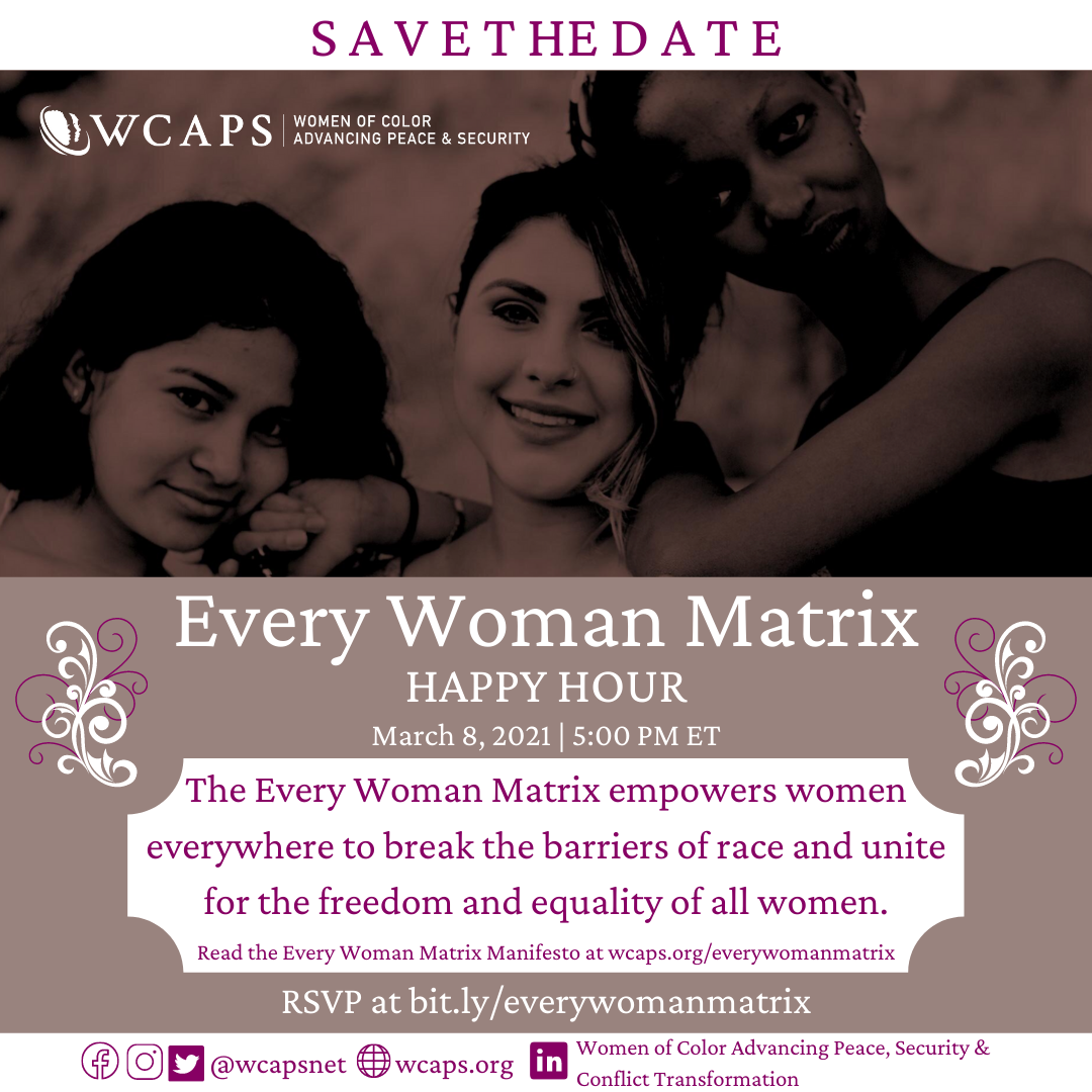 A promotional flyer for the Every Woman Matrix event, featuring a black-and-white photo of diverse women smiling and embracing each other. The flyer includes event details and a message about empowering women to break barriers of race and unite for e