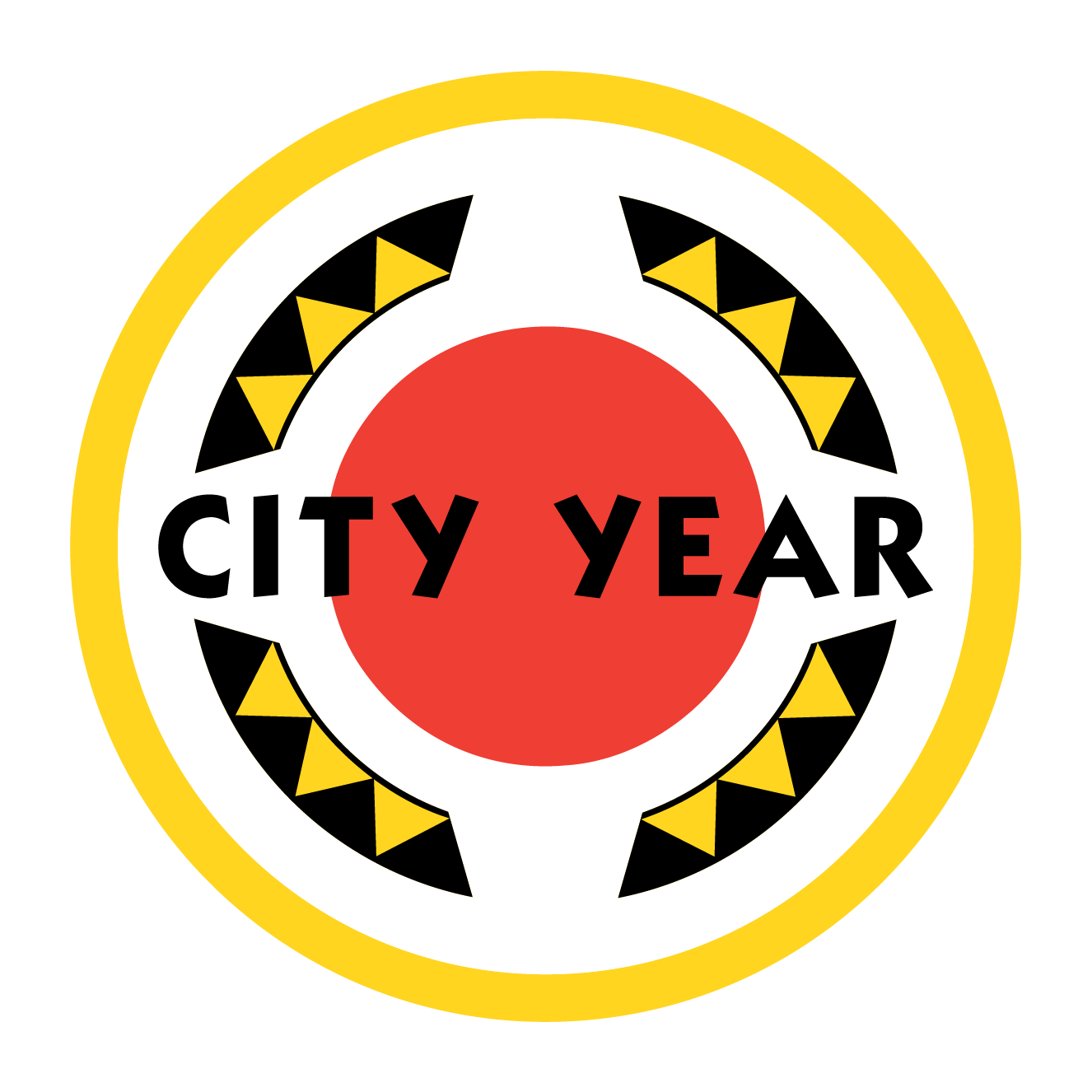 A circular graphic with a yellow, black, white, and red color scheme that says 'City Year' in the center.