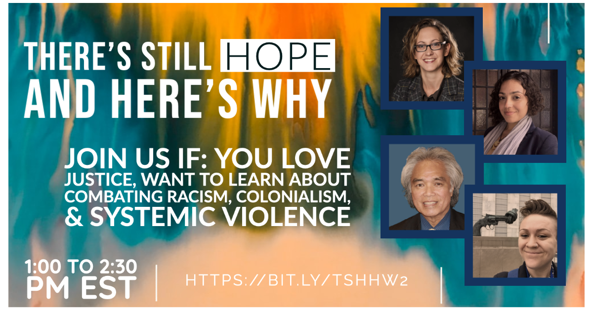 A colorful abstract background with text promoting an event about justice, racism, colonialism, and systemic violence, featuring four overlapping portraits of diverse individuals.