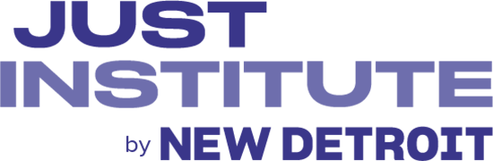 Text saying 'JUST INSTITUTE by NEW DETROIT' with 'JUST INSTITUTE' in large purple letters and 'by NEW DETROIT' in smaller dark blue letters.