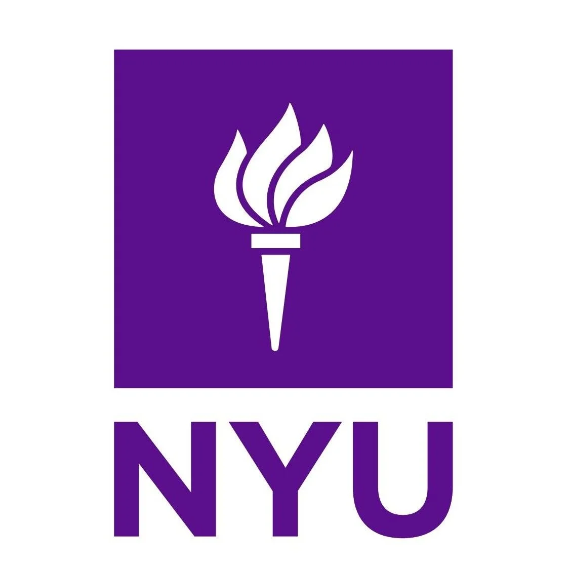 NYU logo featuring a white torch with flames on a purple background, with "NYU" written below in bold purple letters.