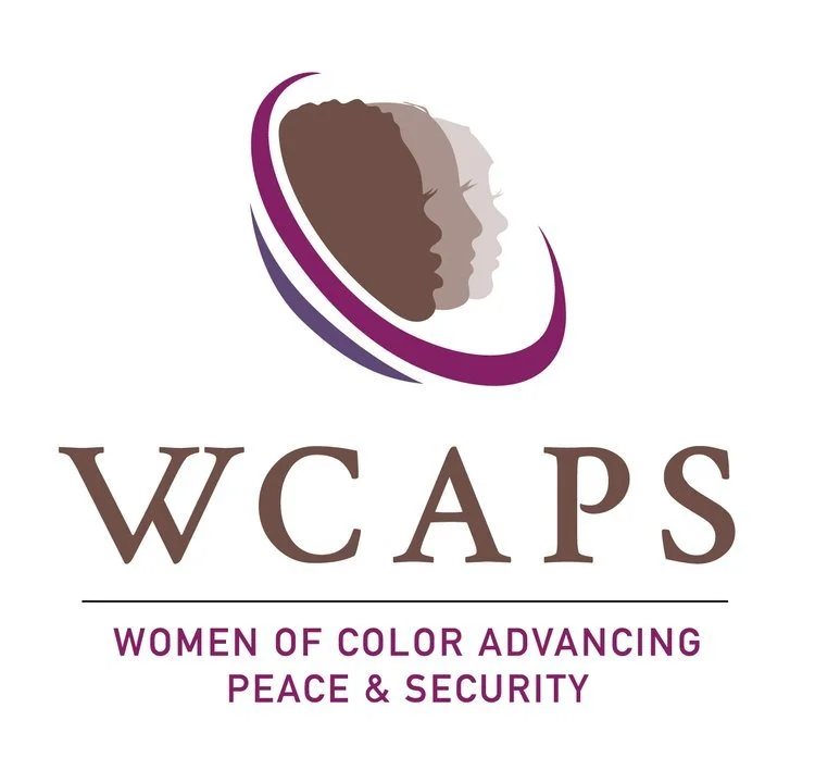 Logo for Women of Color Advancing Peace & Security with a stylized graphic of three women's faces in profile, overlaid.