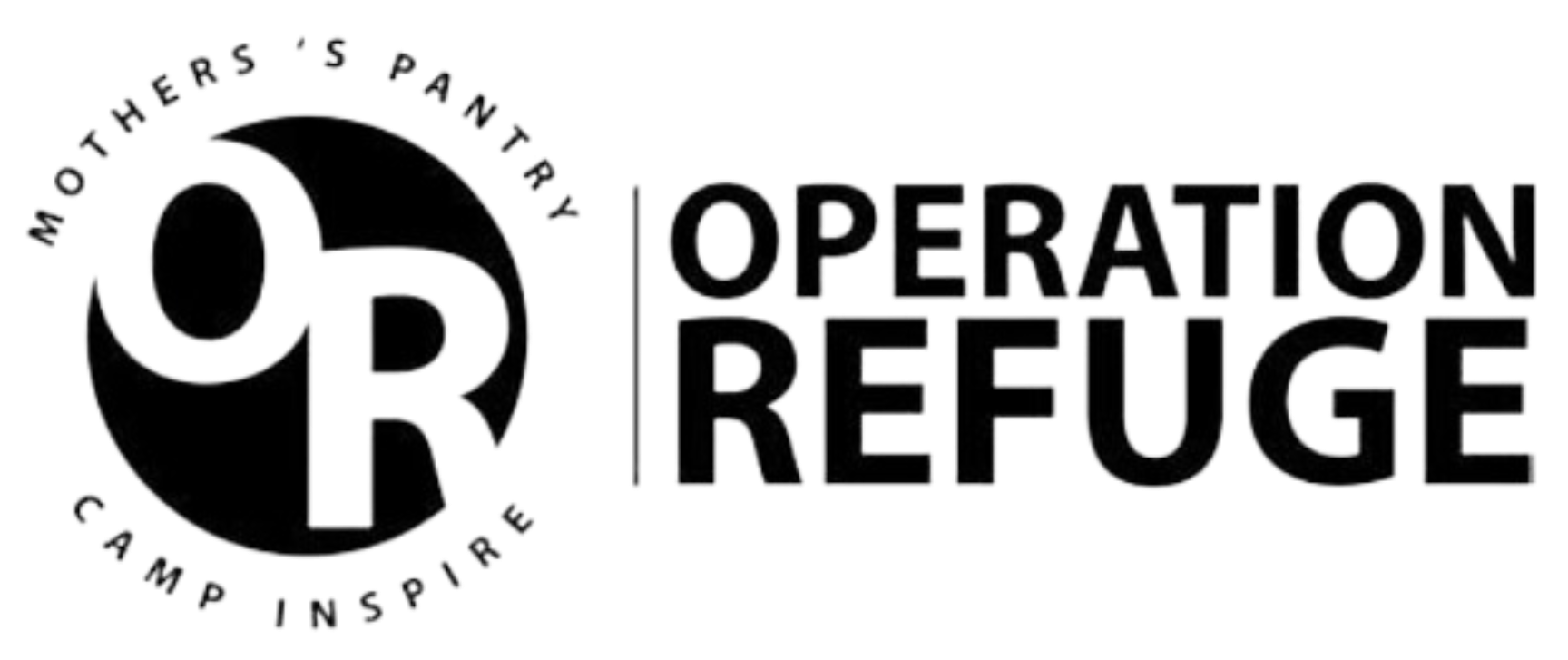 Black and white logo for Operation Refuge with a silhouette of a swimmer inside the logo, surrounded by the words "Monthers, Sisters, Family, Inspire".