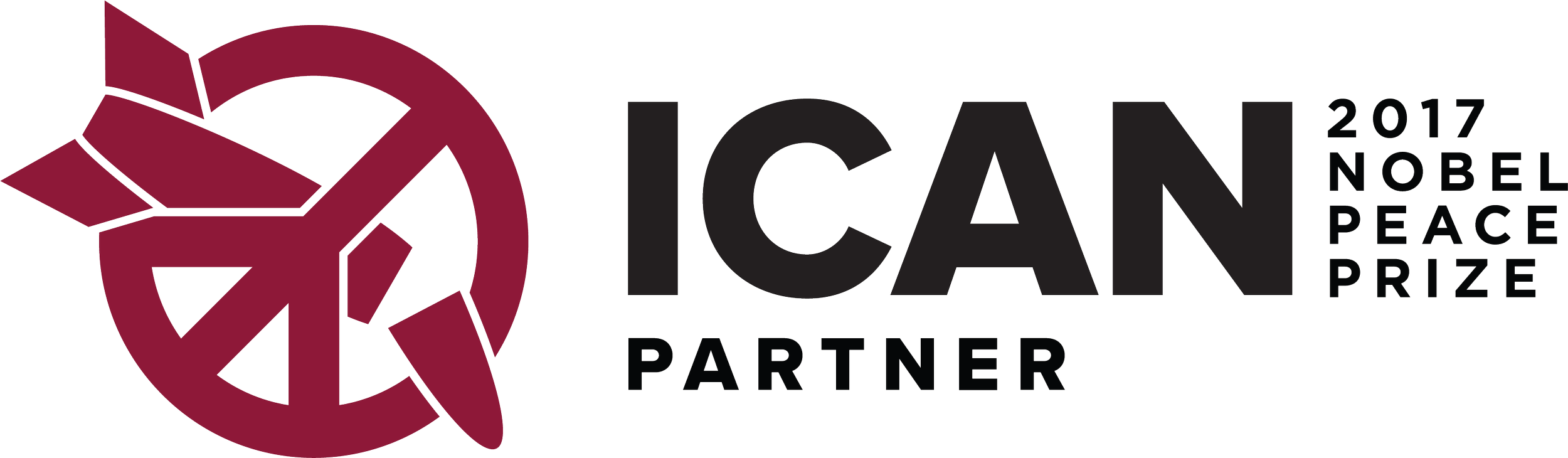 Logo for the 2017 Nobel Peace Prize partnership, featuring a stylized, interconnected peace symbol in burgundy on the left and bold black text stating 'ICAN 2017 Nobel Peace Prize Partner'.