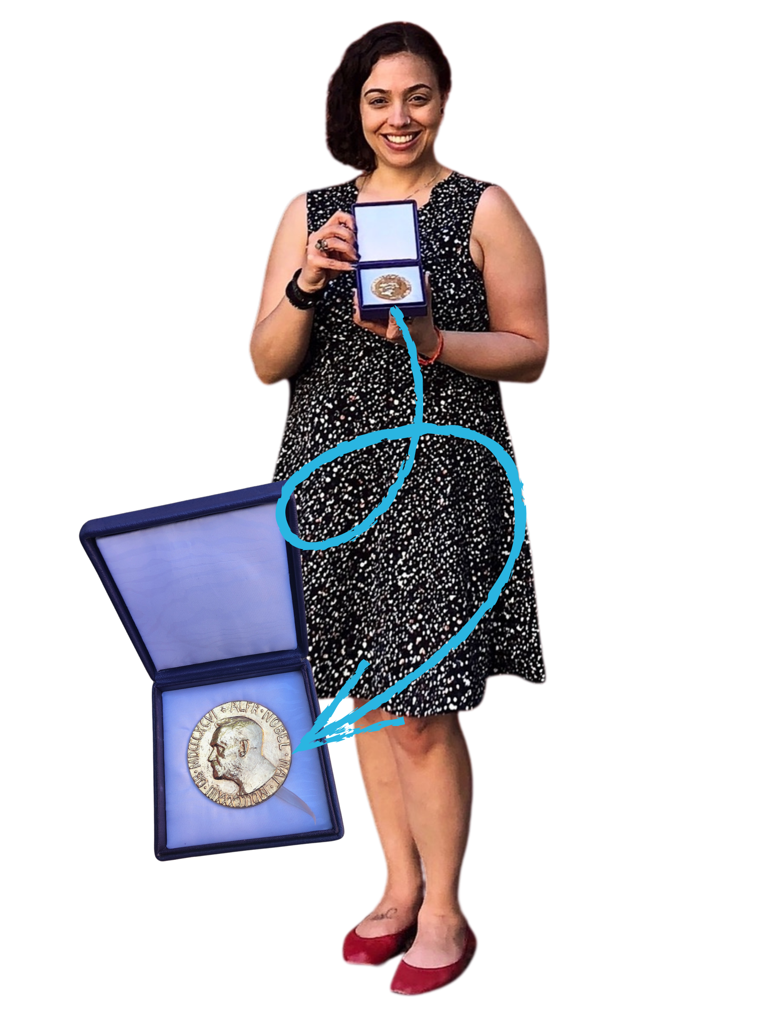 A woman in a black and white dress holding an open box with a medal inside. A larger medal on a chain is draped over her leg, and a box with another medal is placed on the ground in front of her.