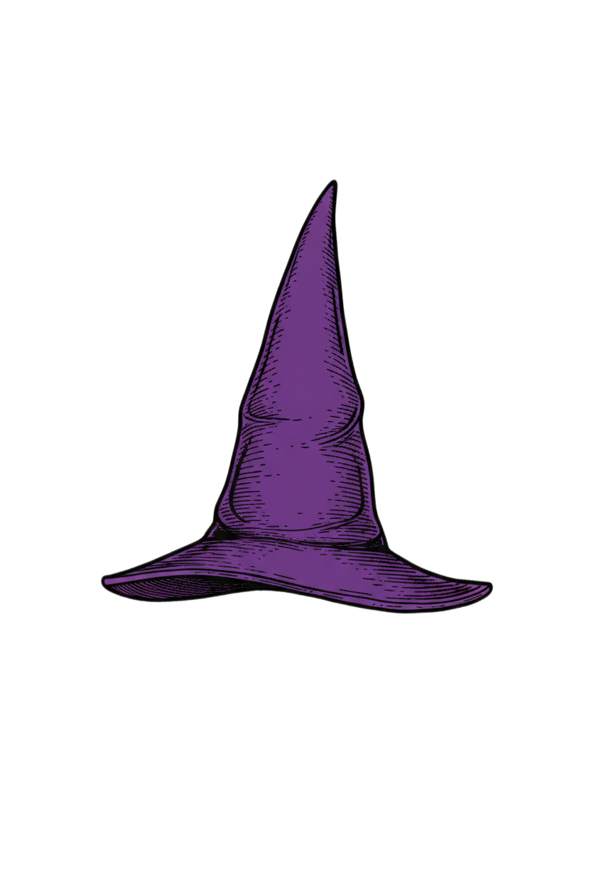 A cartoon illustration of a purple wizard's hat with a wide brim and a tall, pointed crest.