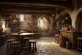 A rustic tavern interior with wooden tables and stools, stone floors, and warm lighting from windows and fireplaces.