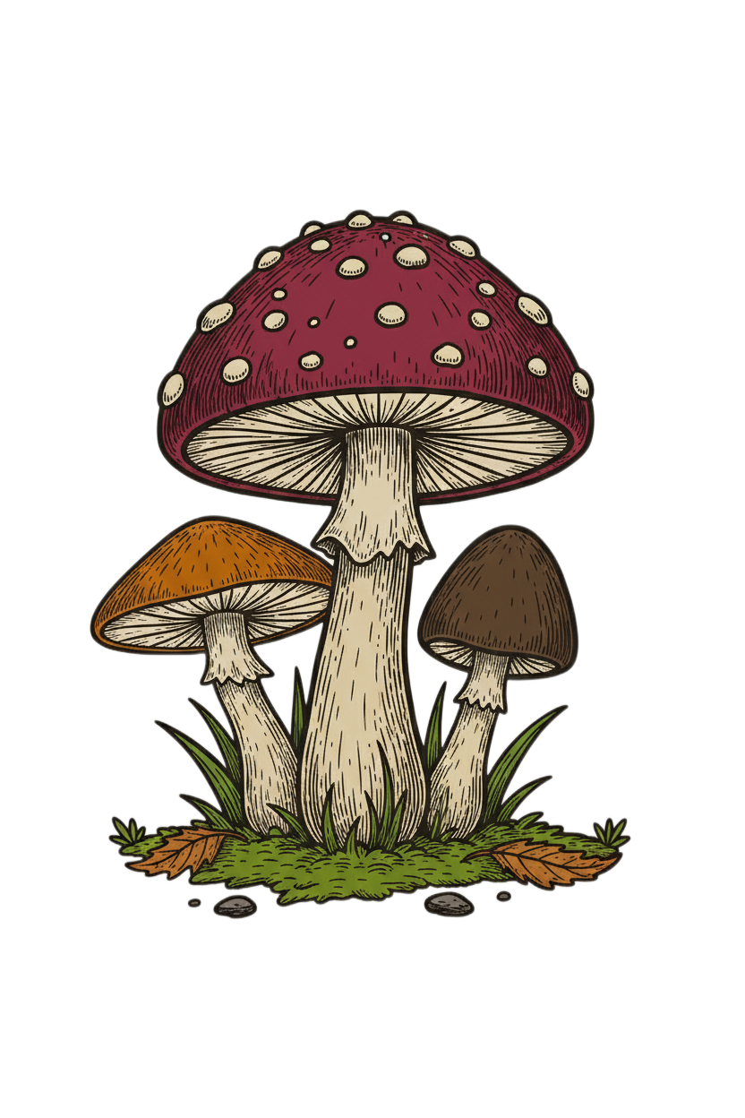 Illustration of three mushrooms in a grassy patch, with fallen leaves and small stones around them.