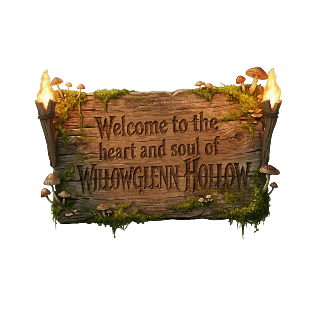 Wooden sign with moss and mushrooms that reads "Welcome to the heart and soul of Willowglen Hollow".