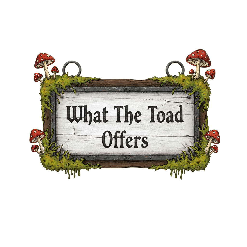 A decorative sign with a wooden frame, moss, and red mushrooms, displaying the text 'What The Toad Offers'.
