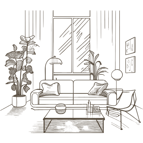 Obývací pokoj s rostlinami, oknem a pohovkou, znázorňující praktické a pohodlné řešení pro každodenní život.