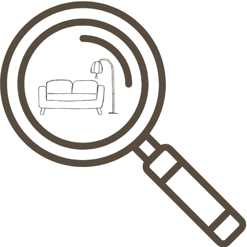 Ikona lupy zvětšující detail na pohovku, zdůrazňující význam detailů pro celkový dojem interiéru.