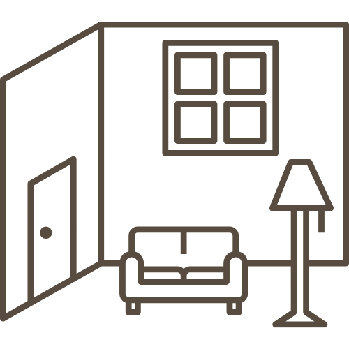 Ikona stěny s oknem, pohovky a lampy znázorňující plnou kontrolu nad materiály, barvami a atmosférou interiéru.