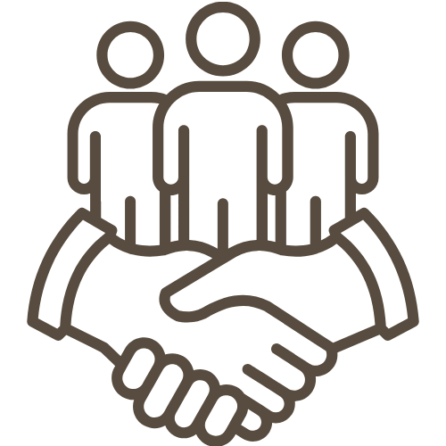 Ikona tří lidí se stiskem ruky symbolizující týmovou spolupráci a profesionální dojem pro klienty.