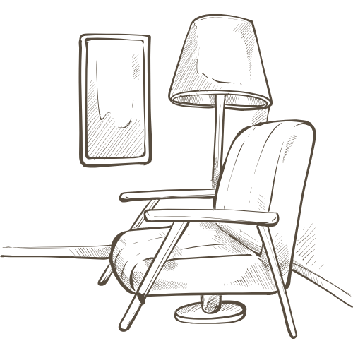 Ikona s gaučem, lampou a obrazem ilustrující zvýraznění klíčových prvků a vizuální přitažlivost interiéru.