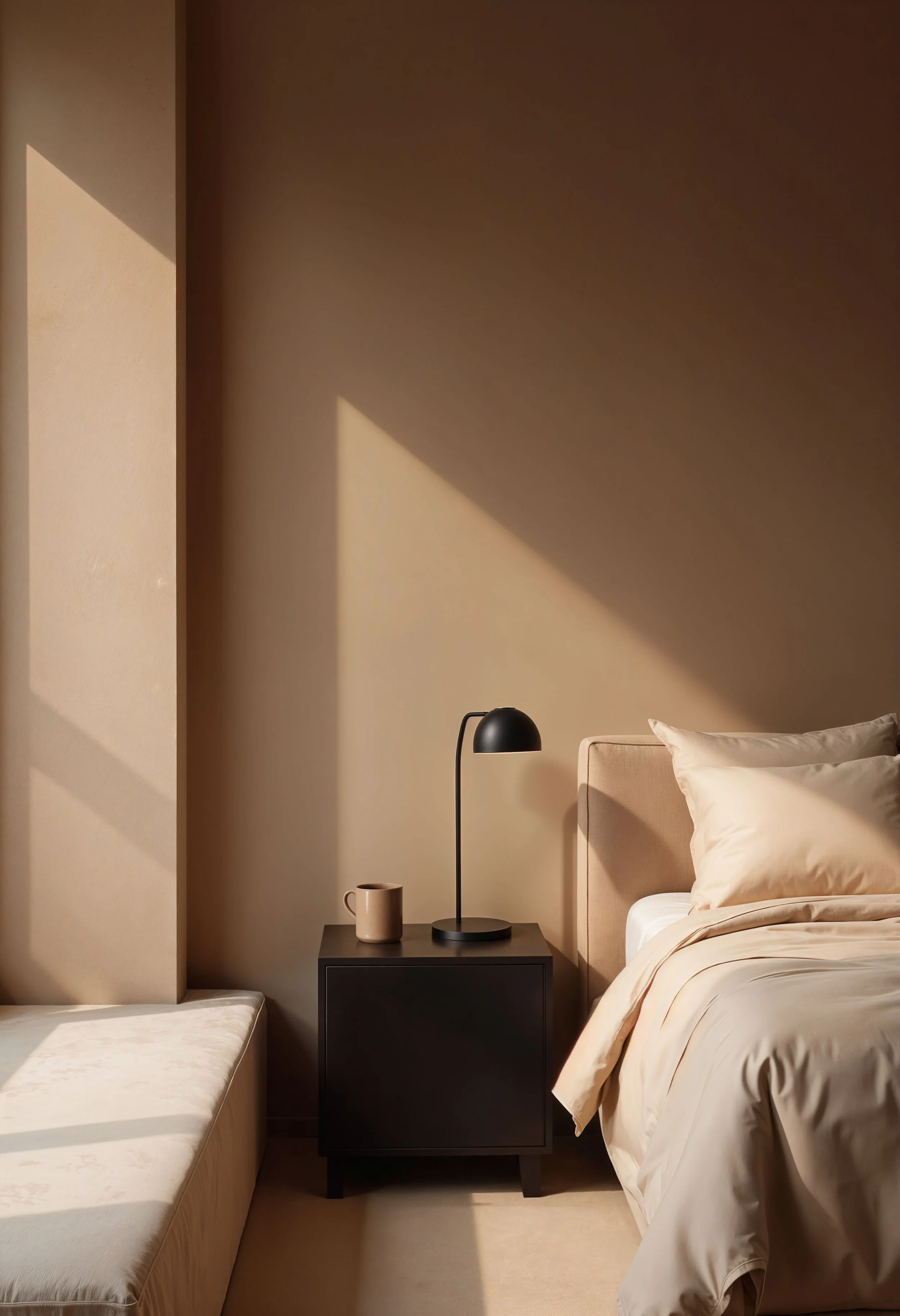 Home styling a dekorace v tmavém moderním interiéru s černou lampou, hrnkem a lůžkem