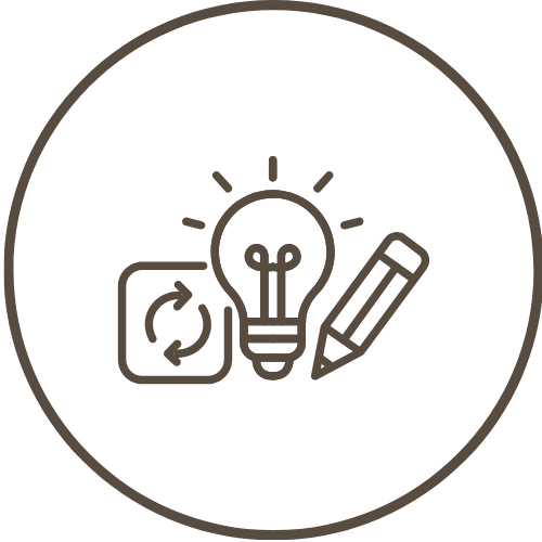 Ikona žárovky, tužky a symbolu obnovení představující nápady, inovace a interiér, který komunikuje hodnoty značky.