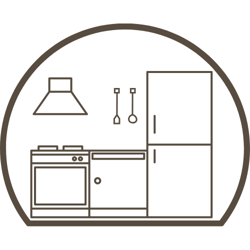 Ikona kuchyňského koutu ilustrující profesionální výběr dekorací, materiálů a doplňků s citem pro styl a proporce.