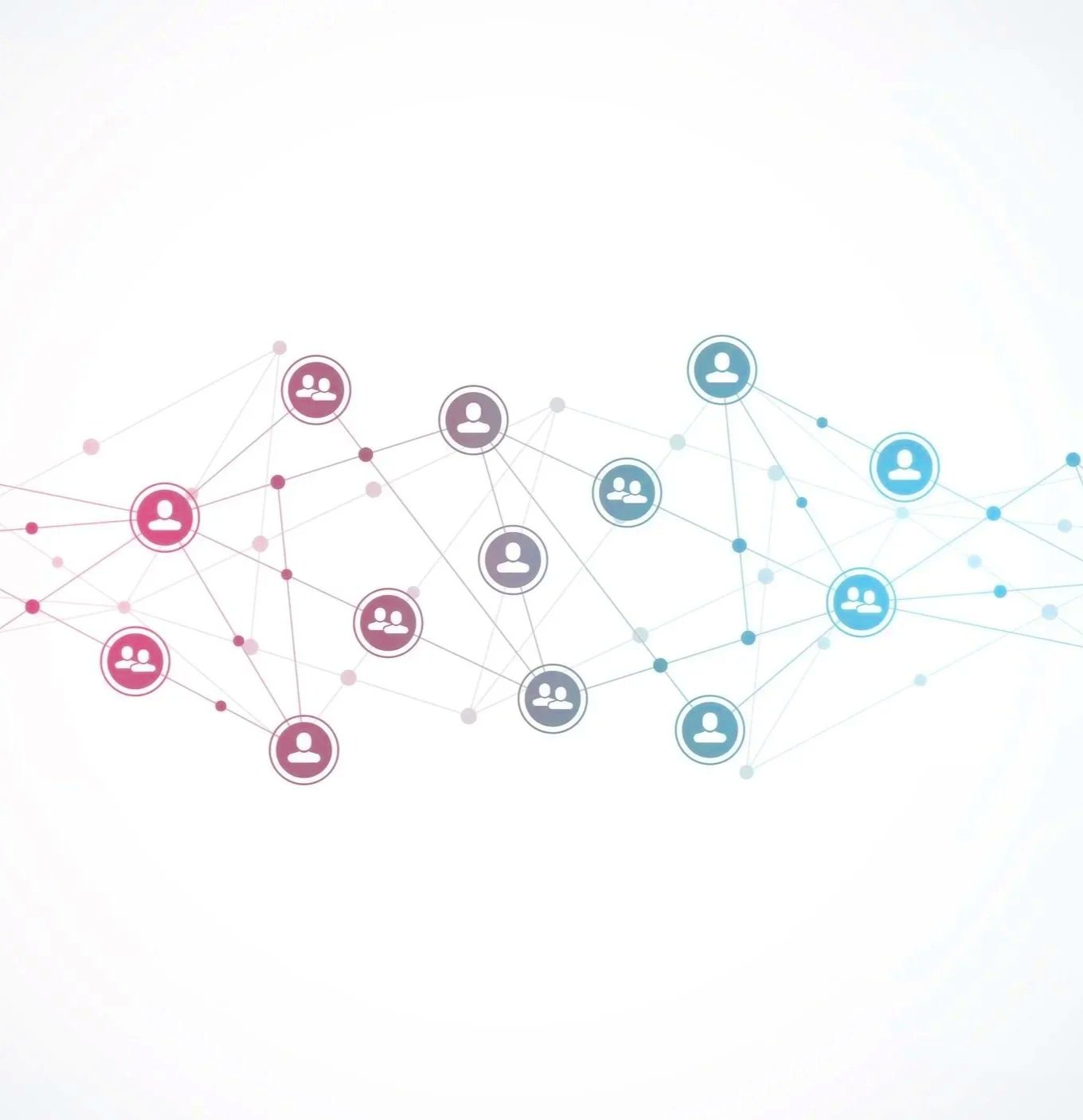 Graphic of interconnected circles representing a network of people in pink, purple, and blue colors on a white background.
