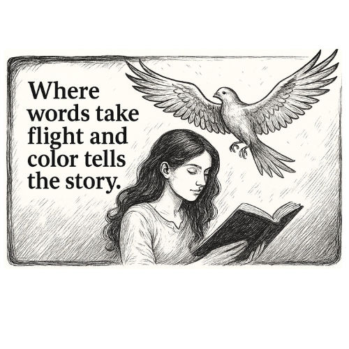 A girl reading a book with a dove flying above her, accompanied by the quote: 'Where words take flight and color tells the story.'