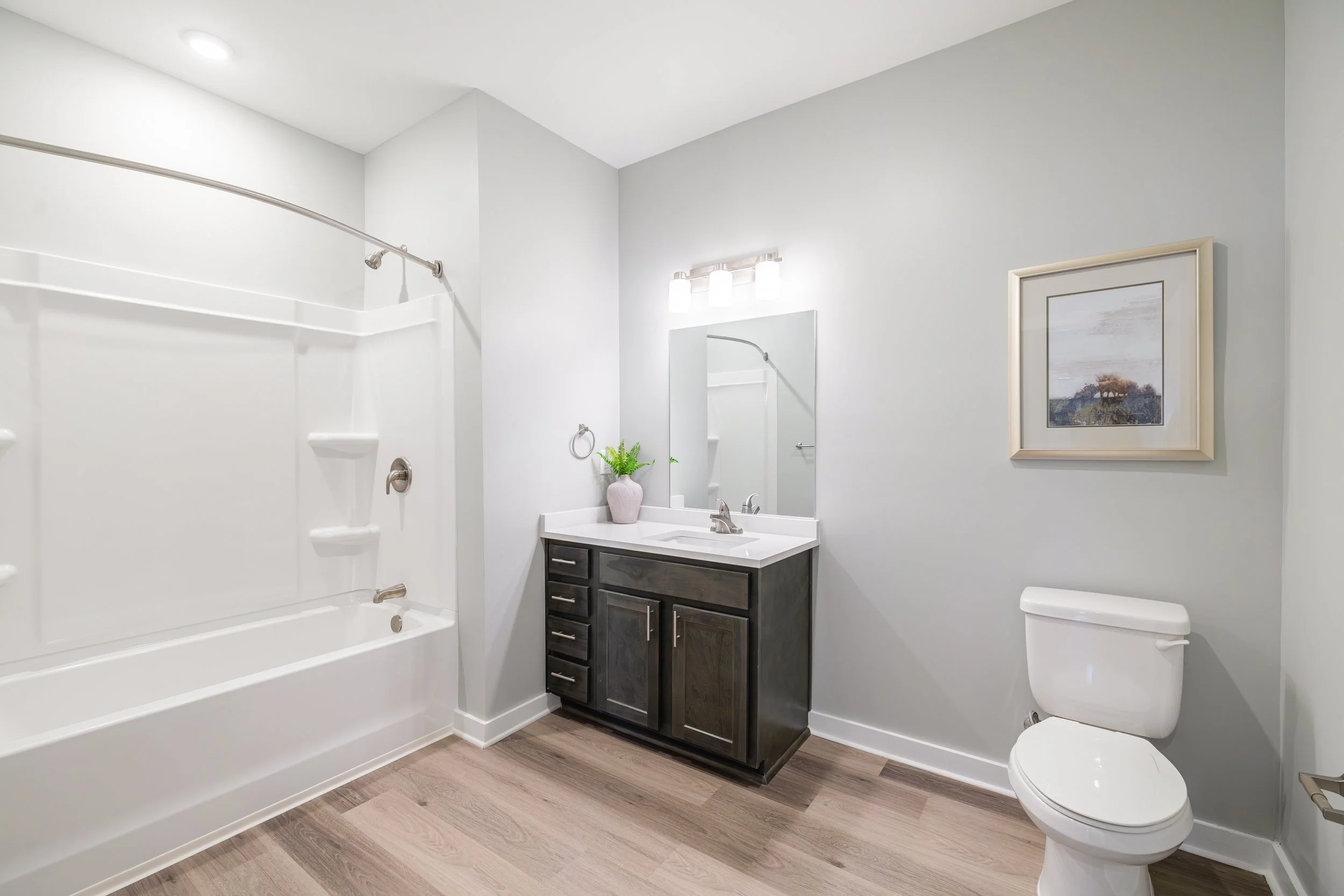 A modern bathroom with a white shower and curtain rod on the left, a dark wooden vanity with a white countertop, a rectangular mirror above, and framed artwork on the wall, with a plant in a vase, a white toilet on the right, and wooden flooring.