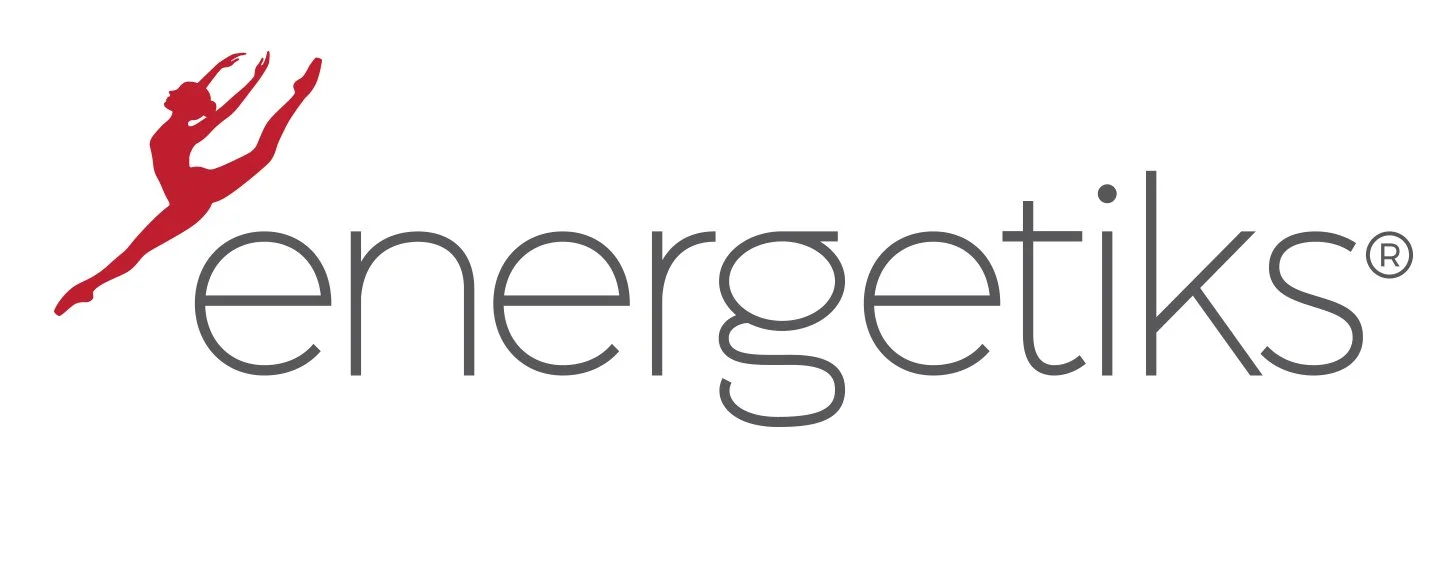 Logo with a red silhouette of a female gymnast doing a leap, next to the word 'energetiks' in gray lowercase letters.