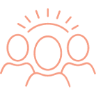 Icon of three stylized people with a sun and rays above them, representing a group or community.