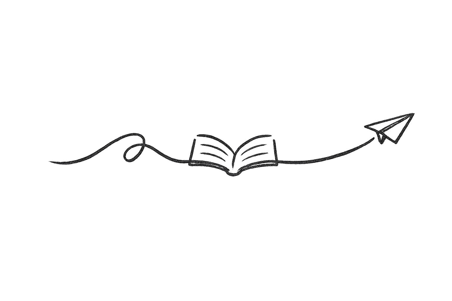 A thin, hand-drawn illustration of a paper airplane traveling along a curved path, with a simple, open book in the middle of the path.