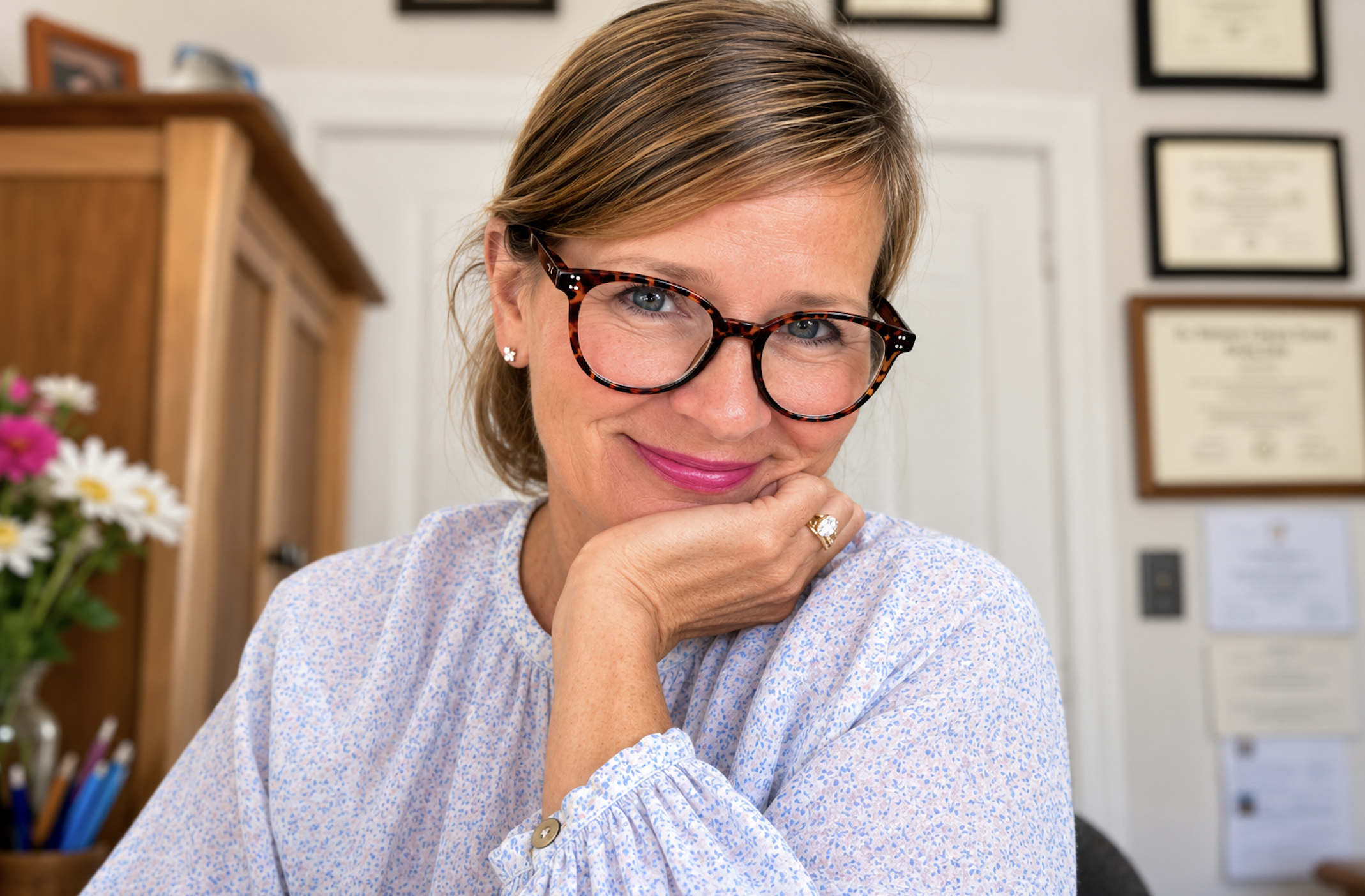 A woman with pulled-back brown hair, tortoise shell glasses, and pink lipstick, resting her chin on her hand and smiling, wearing a light blue patterned blouse, in a home office setting with framed degrees on the wall and flowers nearby.