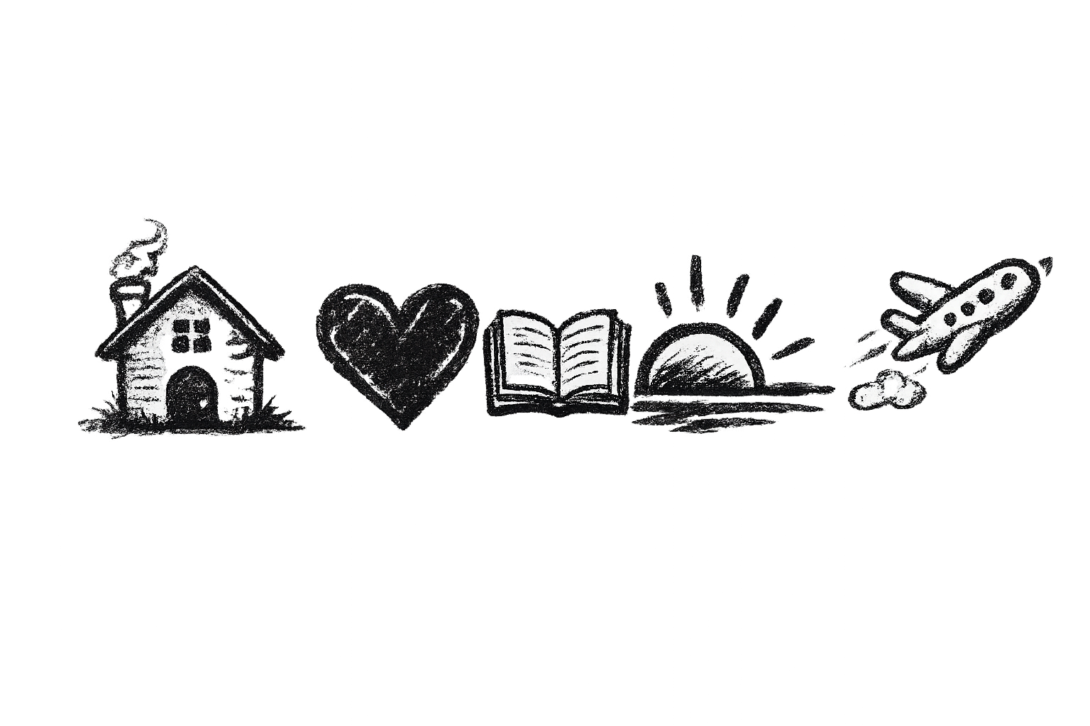 Black and white drawing of a house, a heart, an open book, a sunrise, and an airplane.