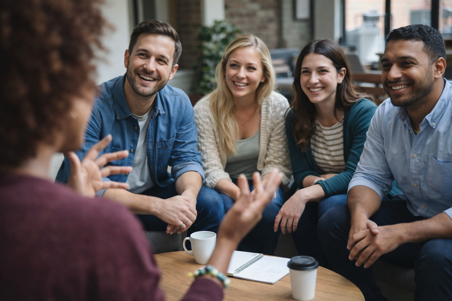 Group of five young adults, three women and two men, sitting on a couch and listening to a person with curly hair and wearing a maroon sweater, who is talking and gesturing with their hands. They are in a bright, cozy room with large windows, plants, and a brick wall.