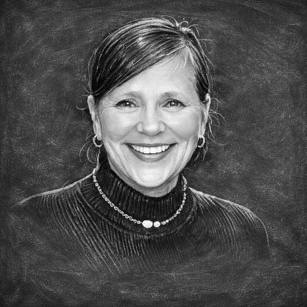 Black and white portrait of a smiling woman with short hair, jewelry, and a dark turtleneck sweater.