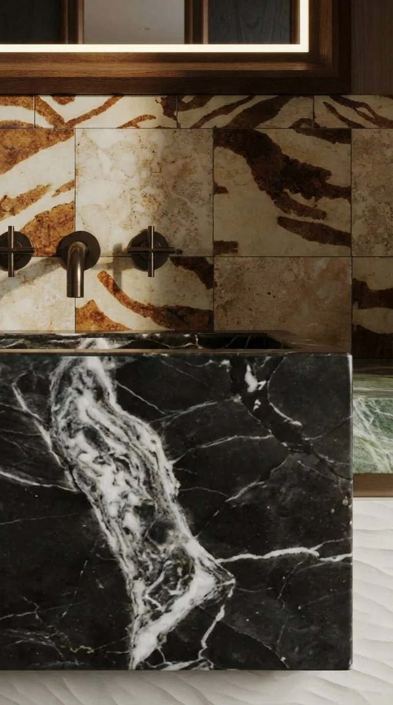 Professional tiling services in Cork — dark green marble wall and floor tile installation.